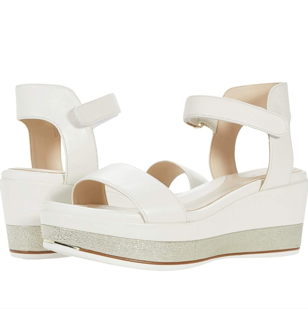 New Cole Haan Grand Ambition Wedge Sandal Ivory/Nebula Gold Leather sz 10